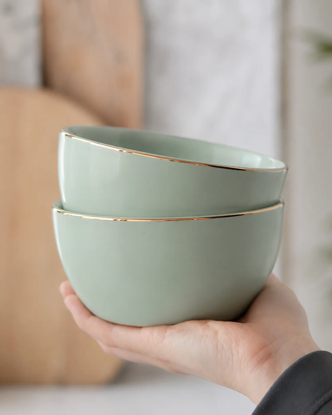 Ceramic Bowl Set – 2 Piece – Green Gold trim - Image 2