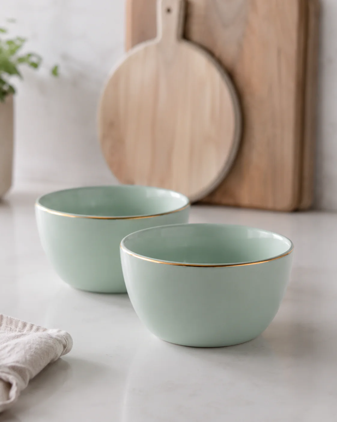 Ceramic Bowl Set – 2 Piece – Green Gold trim - Image 3