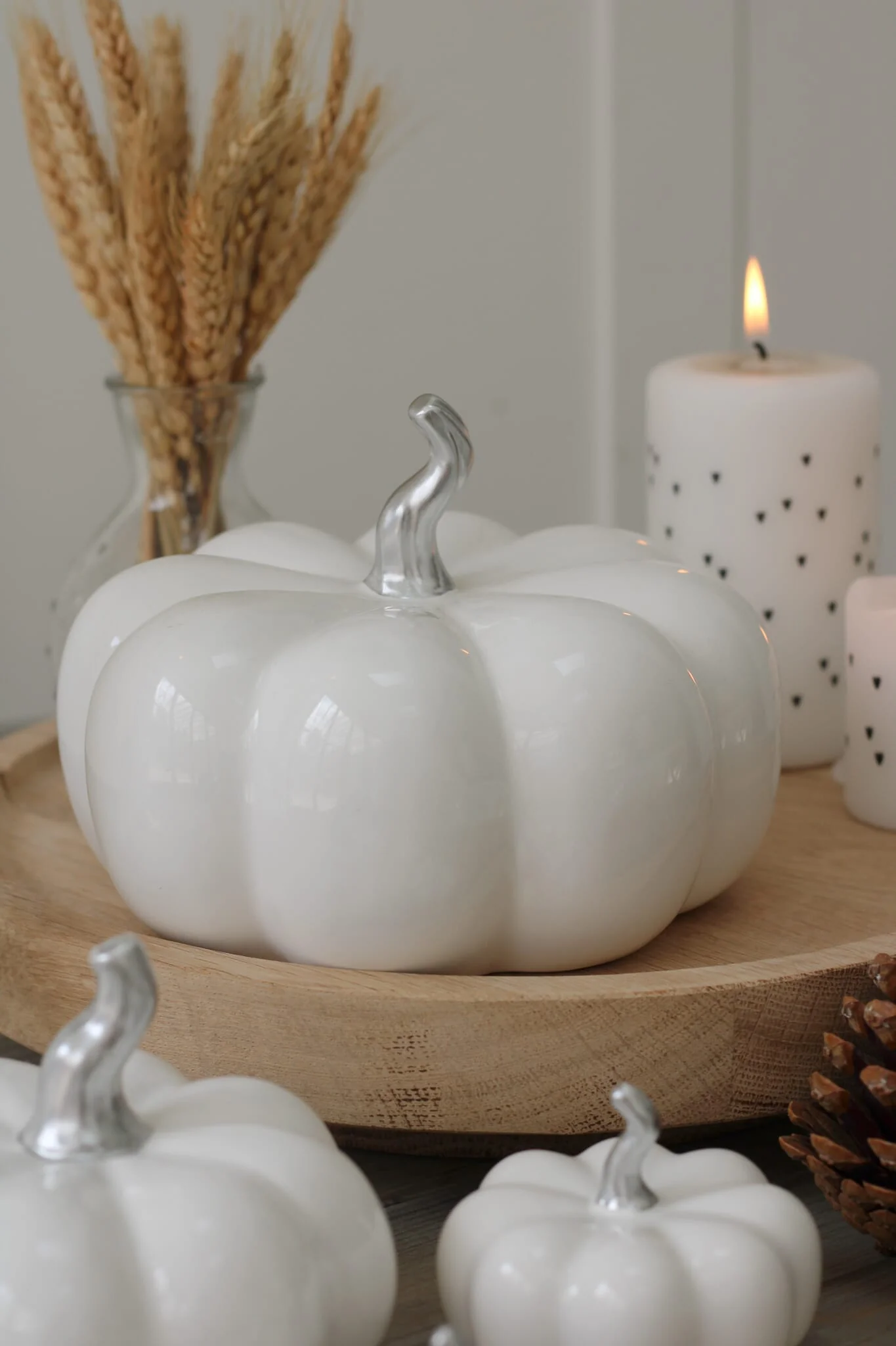 Ceramic Pumpkin White/Silver Stalk - Large