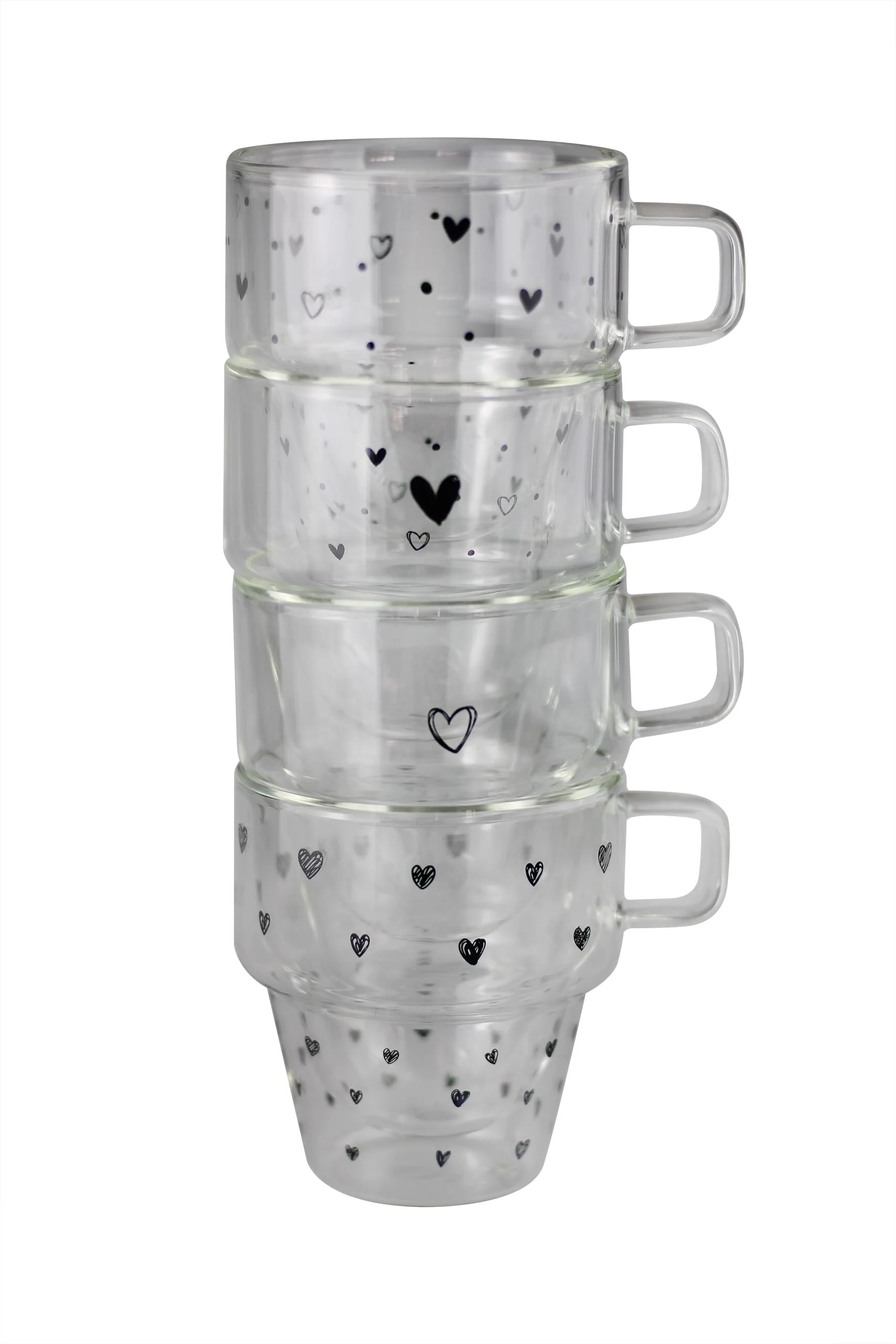 Double Walled Glass Stacking Mugs - Hearts/Black - Image 3