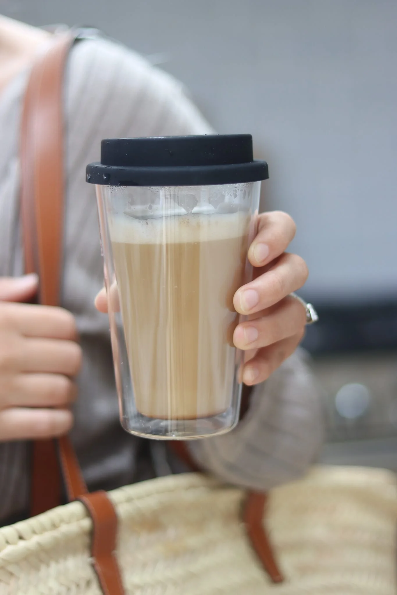 Double Walled Glass Travel Mug - Plain/Black
