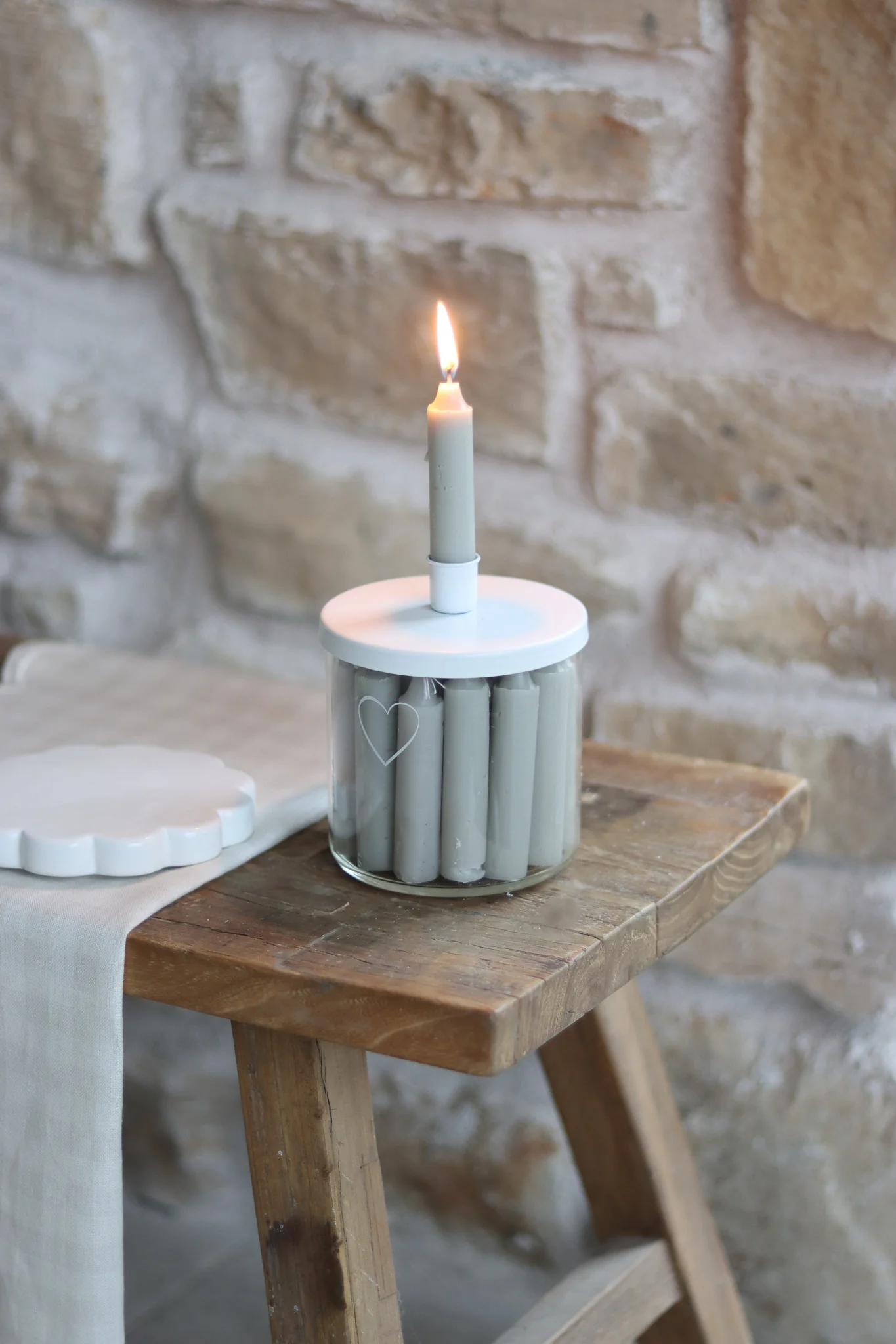 Large Glass Candle Holder - White/Single Heart - Image 4