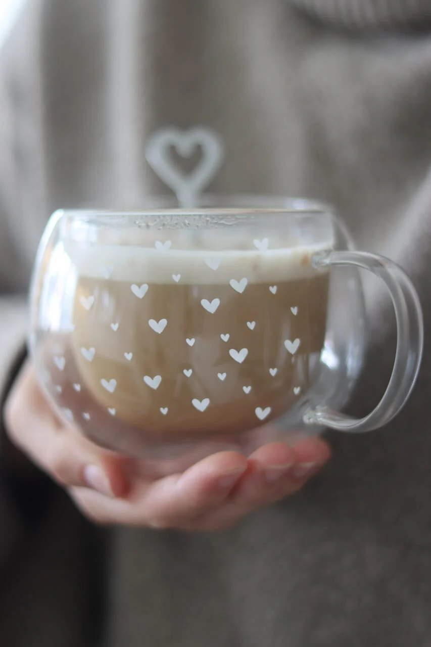 Round Double Walled Glass Mug - Multi Heart/White - Image 3