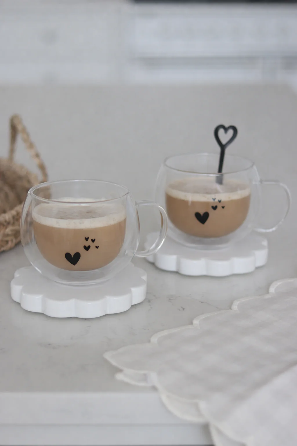 Round Double Walled Glass Mug Set - 2 Piece - Dream Hearts/Black