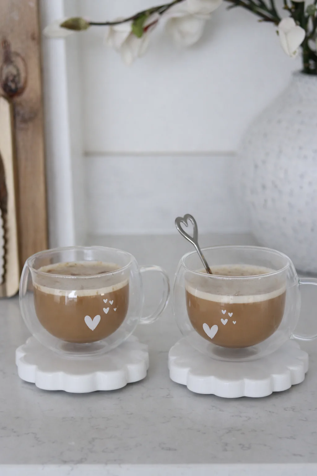 Round Double Walled Glass Mug Set - 2 Piece - White Dream Hearts