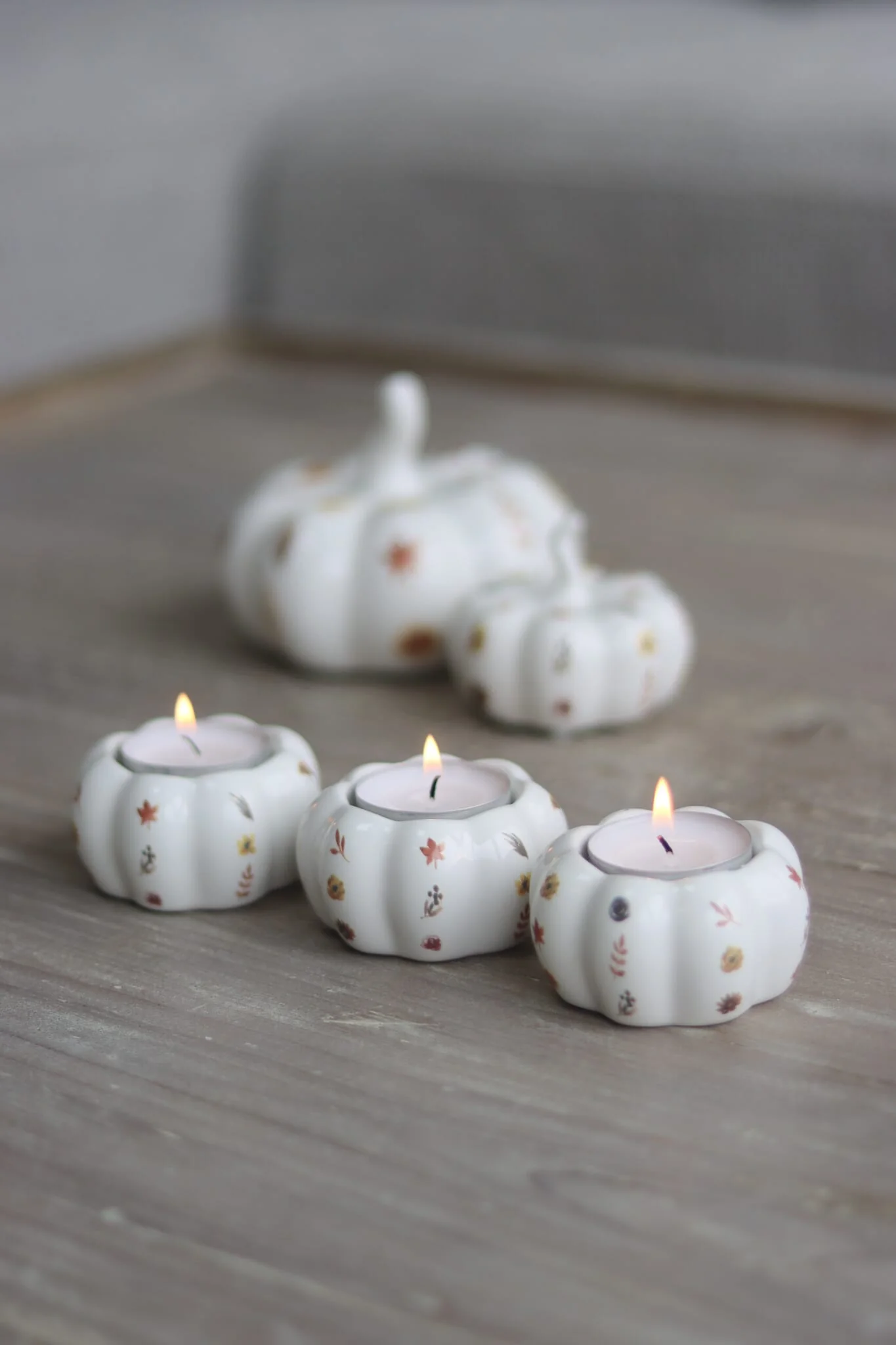 Set of 3 Pumpkin Tea Light Holders - White Floral - Image 3