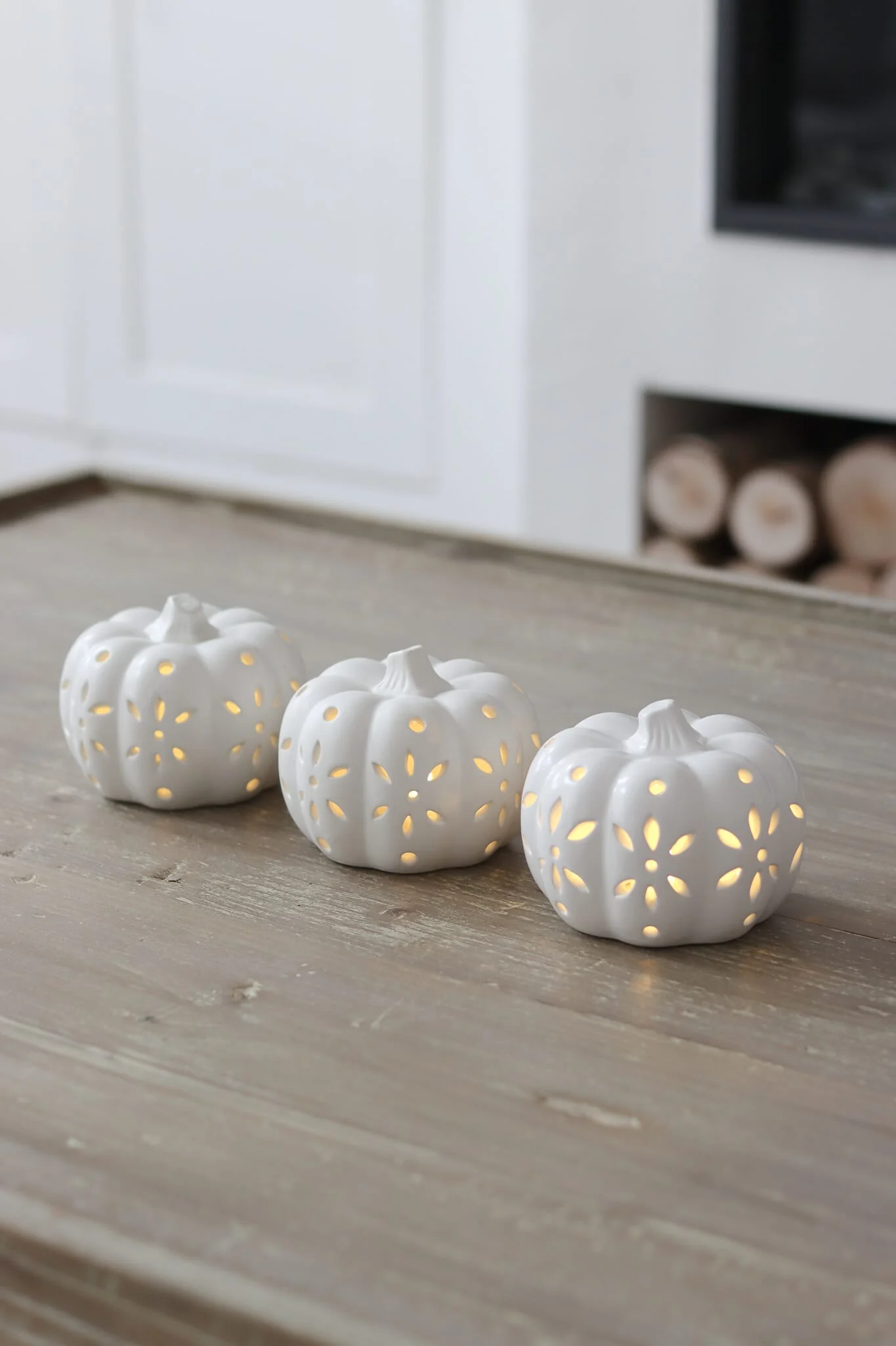 Set of 3 Medium LED Ceramic Pumpkins - Image 2