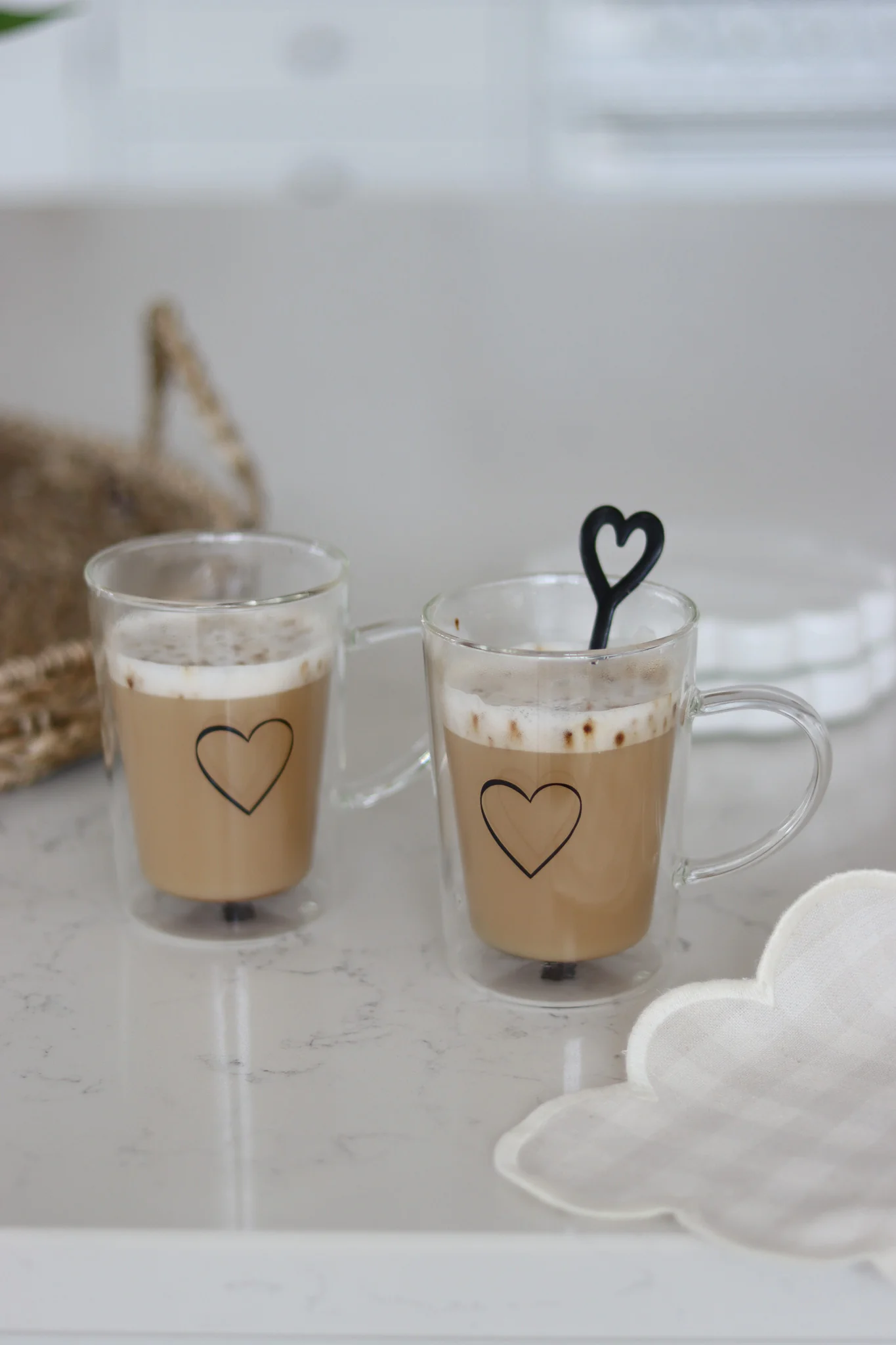 Slim Double Wall Glass Mug Set -2 Piece - Single Heart/Black