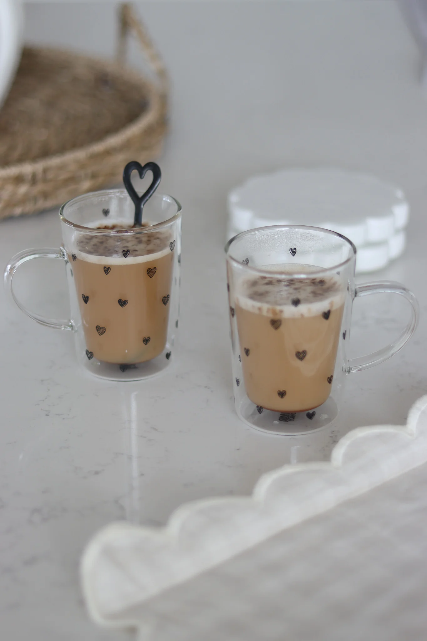 Slim Double Wall Glass Mug Set – 2 Piece –Multi Hearts/Black