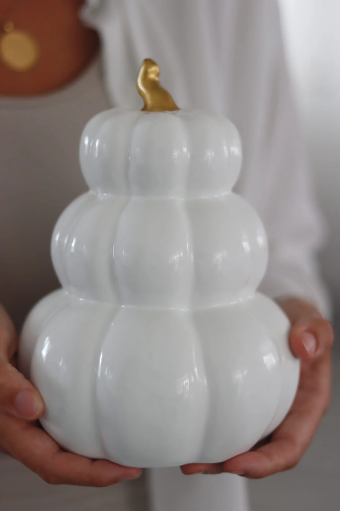 Stacked Ceramic Pumpkins-White/Gold