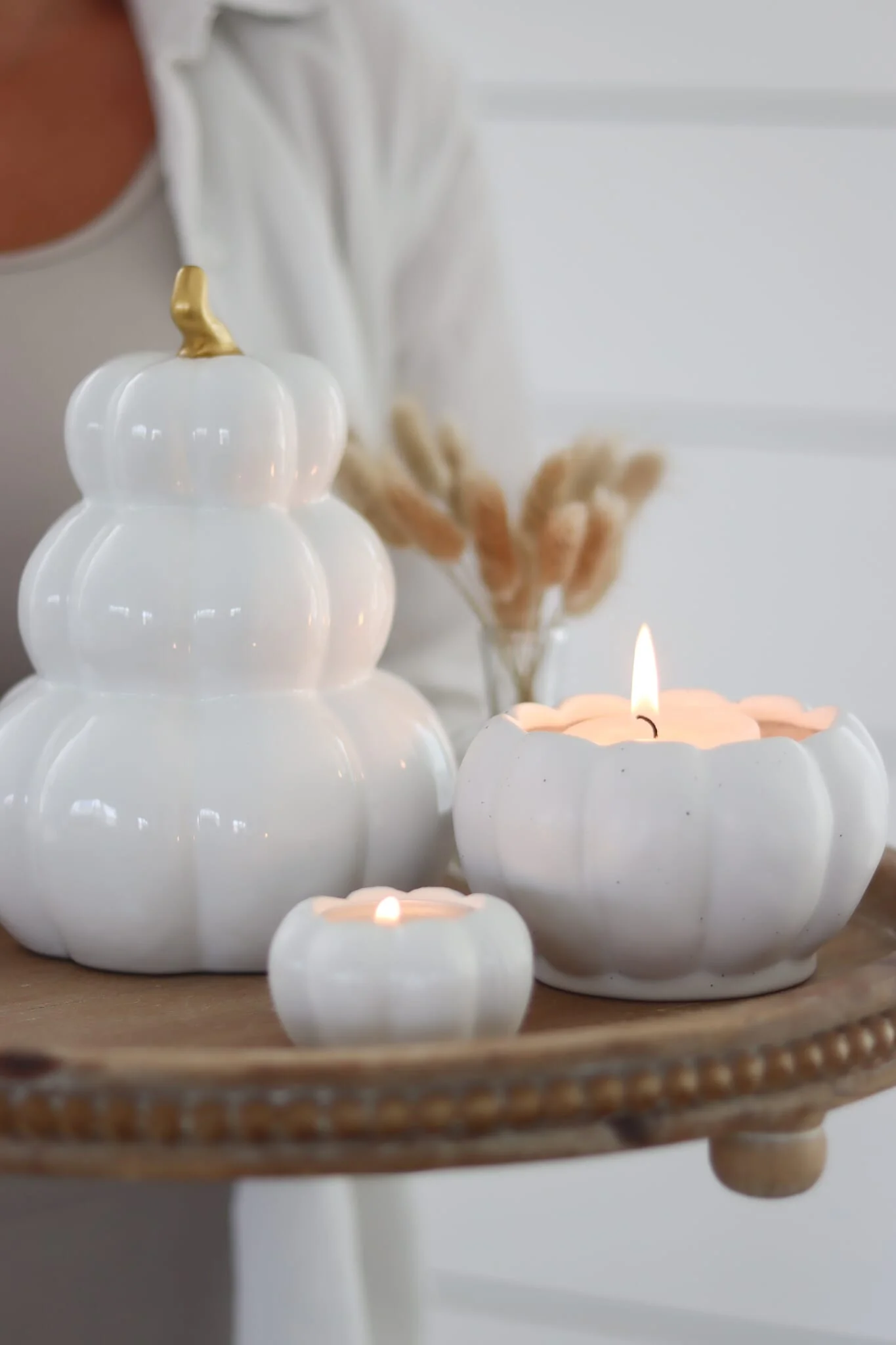 Stacked Ceramic Pumpkins-White/Gold - Image 3